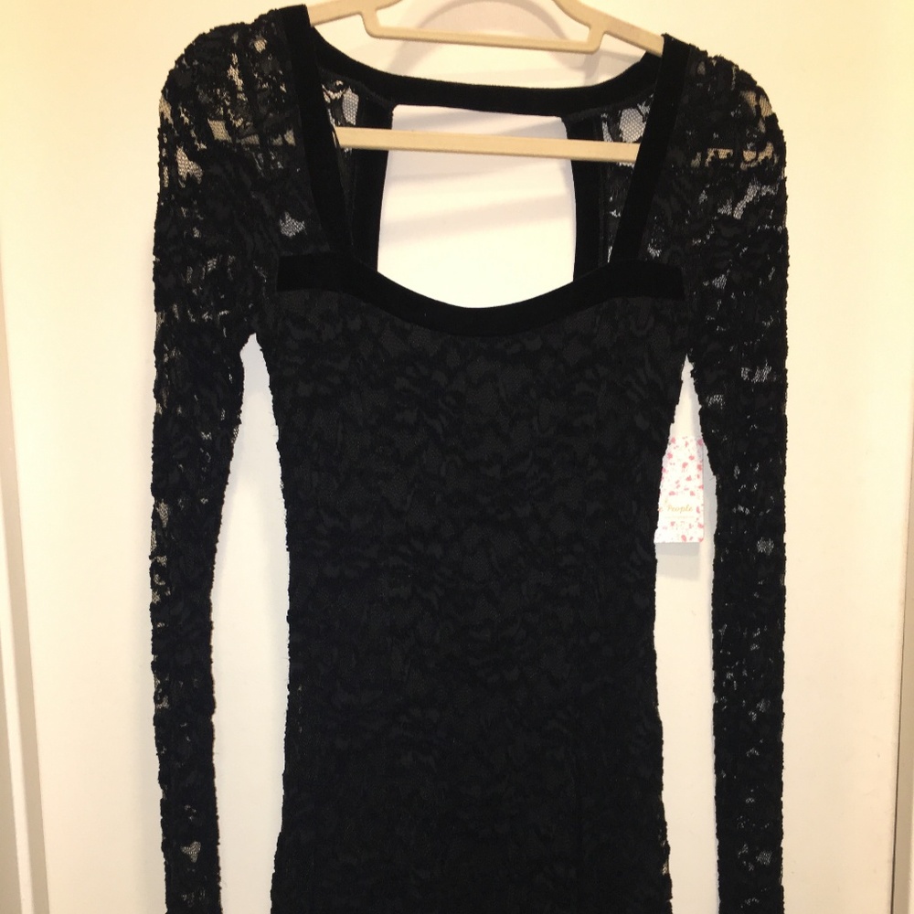 Black Lace Long Sleeve Dress with Velvet Detailing